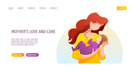 Web page design with mother holding newborn baby in her arms. Motherhood, Parenthood, Childhood, Mother's Day Happy family concept. Vector Illustration for poster, banner, website.
