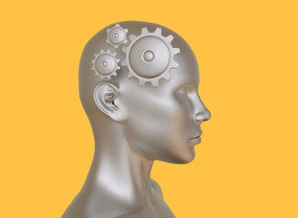 Symbolic abstract 3D image of a man with gears in his head.