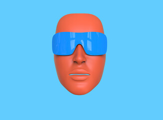Minimalistic 3D illustration. Woman's face with sunglasses on a blue background. Abstraction about summer and sunlight.