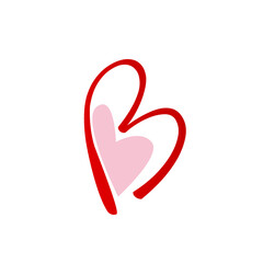 Letter B logo.Wedding decorative creative calligraphic icon isolated on light fund.Ornate symbol for gift boutique brand.Alphabet initial.Heart outline playful element.Red color.