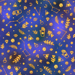 Seamless pattern with mystical symbols. Clover, runes, all-seeing eye, spiral curls, hand with eye, feathers, stars, moon, cat, crystals.