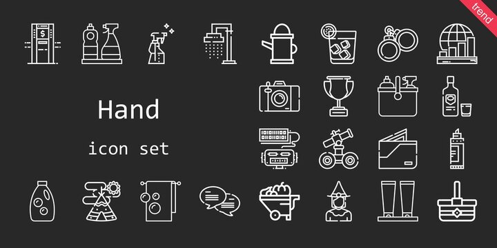 hand icon set. line icon style. hand related icons such as cleaning, basket, wheelbarrow, shower, profits, wallet, spray, handcuffs, cream, photo camera, robot, detergent, vodka, towel, marker