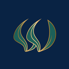 Obraz premium Letter W logo.Decorative creative typographic icon isolated on dark fund.Symbol icon for beauty, spa, cosmetics, elegant, fresh luxury brand.Green and gold color alphabet initial.Nature leaf element.