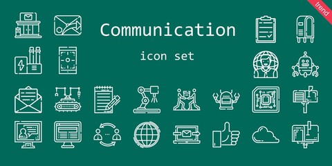 communication icon set. line icon style. communication related icons such as news, smartphone, like, cpu, industry, laptop, clipboard, network, robot, journalist, video call, mailbox, teamwork