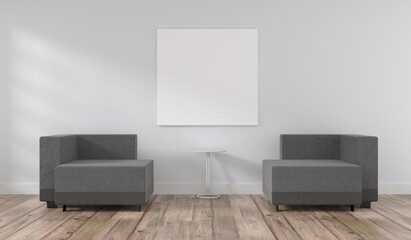 Puristic modern room with a blank mock up poster