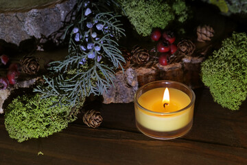 christmas still life with candle and christmas tree