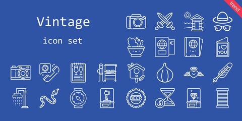 vintage icon set. line icon style. vintage related icons such as shower, mortar, fig, snake, swords, cabin, quill, telephone, thread, menu, photo camera, heart, axe, diamond, passport, bird house