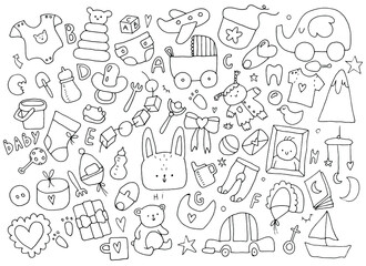 childrens set of cute things, baby accessories, bunny, toys, pacifiers, clothes, doodle illustration on white background