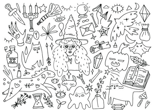 magical and mystical set with witches, horses, ghosts, doodle illustrations