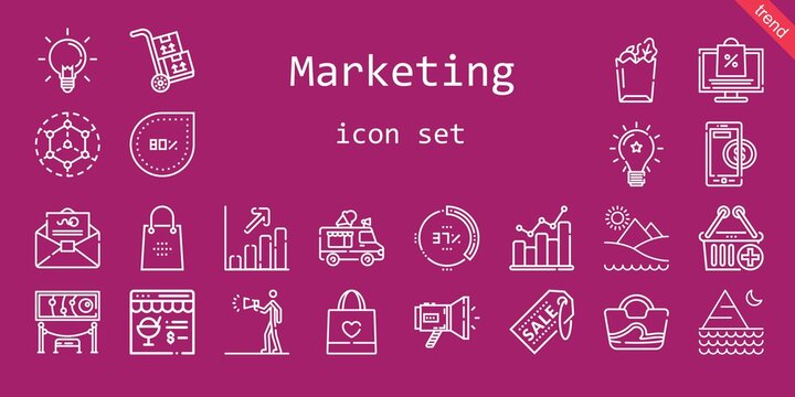 marketing icon set. line icon style. marketing related icons such as exhibition, megaphone, profits, online shopping, modeling, mail, idea, bar graph, e commerce, bag, ideas, advertising, packs