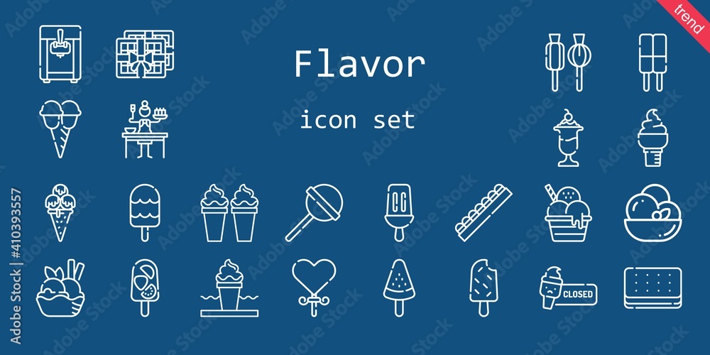 Sticker flavor icon set. line icon style. flavor related icons such as ice cream, lollipop, ice cream machine, sauce, popsicle, chocolate