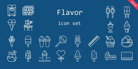 flavor icon set. line icon style. flavor related icons such as ice cream, lollipop, ice cream machine, sauce, popsicle, chocolate