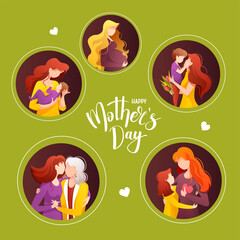 Happy Mother's Day card . Moms with their child, pregnant woman. Calligraphy and hand drawn lettering. Vector illustration for card, postcard, poster, banner.