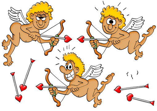 Amor mit Pfeil und Bogen, Liebe, Valentinstag, Cartoon, Comic, Putten, Liebespfeil, Engel