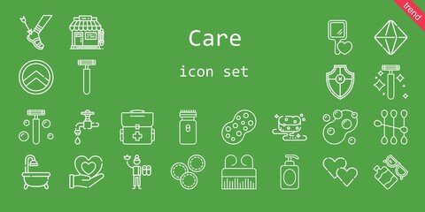 care icon set. line icon style. care related icons such as sun lotion, sponge, shield, minerals, makeup remover wipes, faucet, electric razor, first aid kit, heart, hand mirror, cotton swab, comb