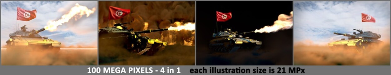 Fototapeta na wymiar 4 high resolution illustrations of heavy tank with fictional design and with Tunisia flag - Tunisia army concept, military 3D Illustration