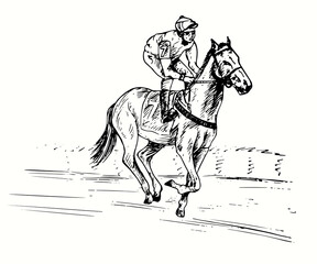 Hand drawn professional athlete jockey on horseback participating in racing on the racetrack. Ink black and white drawing.