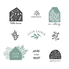 PrintCollection of the hand drawn icons and logos. Garden, village, farm and house symbols. Vector illustration.