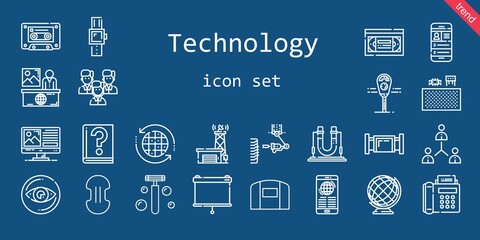 technology icon set. line icon style. technology related icons such as news, smartwatch, vhs, antenna, hangar, components, compress, earth globe, parking meter, team, cassette, network, earth grid