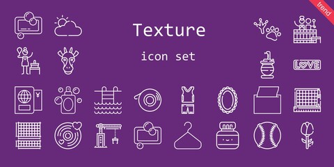 texture icon set. line icon style. texture related icons such as love, crane, barrel, mirror, birch, snake, sportswear, perfume, cloudy, napkin, footprint, passport, grid, giraffe, swimming pool
