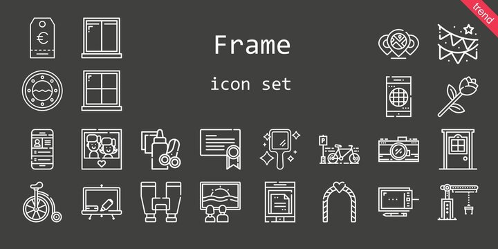 frame icon set. line icon style. frame related icons such as door, crane, blackboard, canvas, smartphone, garland, bicycle, binoculars, handcraft, certificate, photo, photo camera, hand mirror