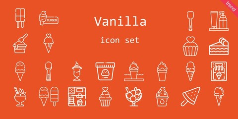 vanilla icon set. line icon style. vanilla related icons such as ice cream cone, ice cream, scoop, piece of cake, ice cream machine, cupcake, frozen yogurt