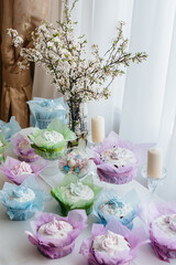 Beautiful Easter cakes on a decorated light table. A light holiday of Easter.