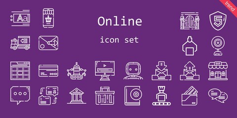 online icon set. line icon style. online related icons such as video player, audiobook, online shopping, wallet, text editor, delivery truck, shopping basket, robot, bar, museum, webcam, web