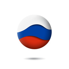 Russia flag icon in the shape of circle. Waving in the wind. Abstract waving flag of russia. Russian tricolor. Paper cut style. Vector symbol, icon, round button