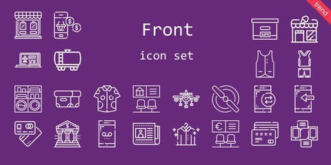 front icon set. line icon style. front related icons such as newspaper, washing machine, fuel truck, smartphone, propeller, vest, box, sportswear, store, laptop, debit card, bank, shirt, airplane
