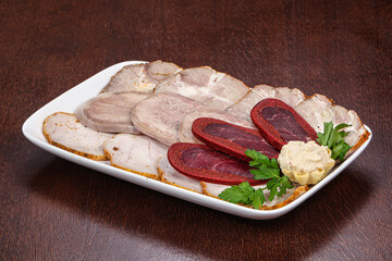 Sausages meat plate mix with sauce