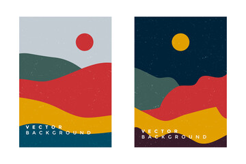 Vector set of minimalist mountain landscapes, cover design, posters, abstract art, cards.Mountains landscape design.Colorful poster, cover design.
