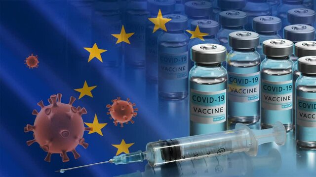 European Union to launch COVID-19 vaccination campaign. Coronavirus vaccine vials, Covid 19 cells and flag of European Union. Research and creation of a vaccine. Seamless loop video.