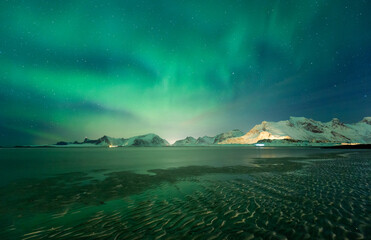 Aurora Borealis lights over Lofoten Islands in Norway