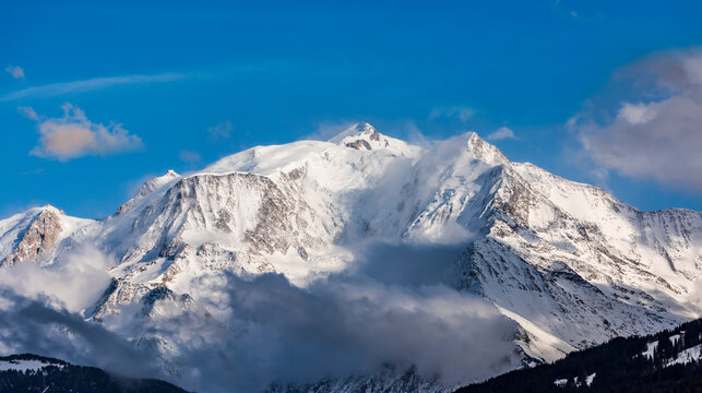 Ski slopes under the Mont Blanc chain seen from the French side