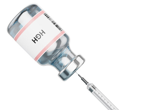 Bottle of human growth hormone, HGH and syringe isolated on white background
