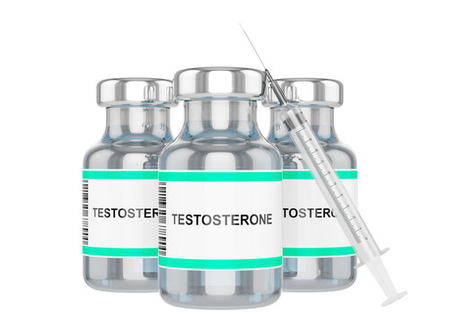 Testosterone bottles and syringe isolated on white background