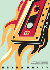 Retro party artistic poster artwork with audio cassette tape and colorful flames. Musical party card invitation. Dancing and disco music, nightlife theme in pop art style.