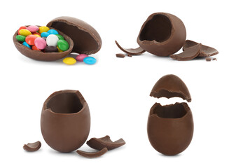 Set with broken chocolate eggs on white background