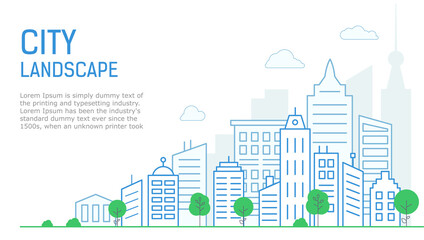 Thin line City landscape on white background. Landing page Panorama architecture buildings outline. Urban life Vector illustration.