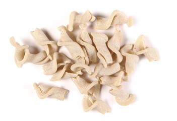 Oat pasta pile isolated on white background, top view