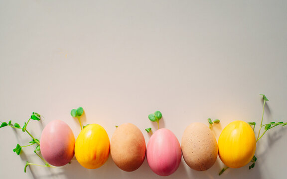 concept of Easter holiday presented by colored eggs and green sprouts