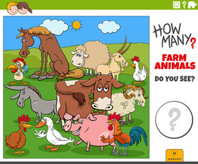 Obraz na płótnie Canvas how many farm animals educational cartoon task for children