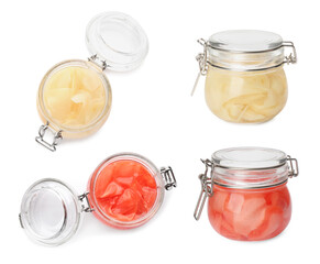 Set with pickled ginger on white background