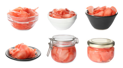 Set with pickled ginger on white background