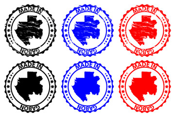 Obraz premium Made in Gabon - rubber stamp - vector, Gabon map pattern - black, blue and red