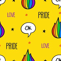 Never ending cute seamless doodle pattern with lgbt rainbow, flame, text and bubbles. Gay pride. Pride Month. Love, freedom, support, lgbtq+
