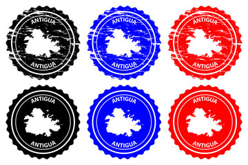 Antigua - rubber stamp - vector, Antigua and Barbuda island map pattern - sticker - black, blue and red