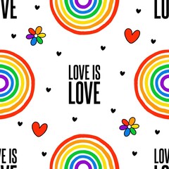 Never ending cute seamless pattern with lgbt rainbow, hearts, text and flower. Gay pride. Pride Month. Love, freedom, support, lgbtq+
