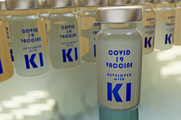 Heilung im Gesundheitswesen. Impfstoffampulle mit Aufschrift - COVID 19 VACCINE / DEVELOPED WITH KI - viele Ampullen unscharf im Hintergrund. schnelle, technikbasierte Entwicklung von Impfstoff